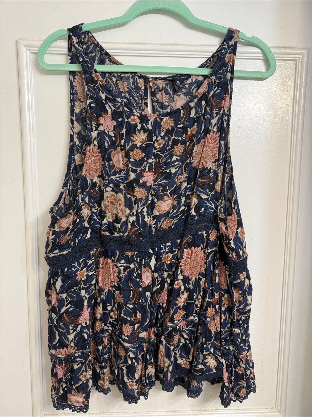 American Eagle Outfitters Navy Floral Sleeveless Top with Pink and Tan Accents